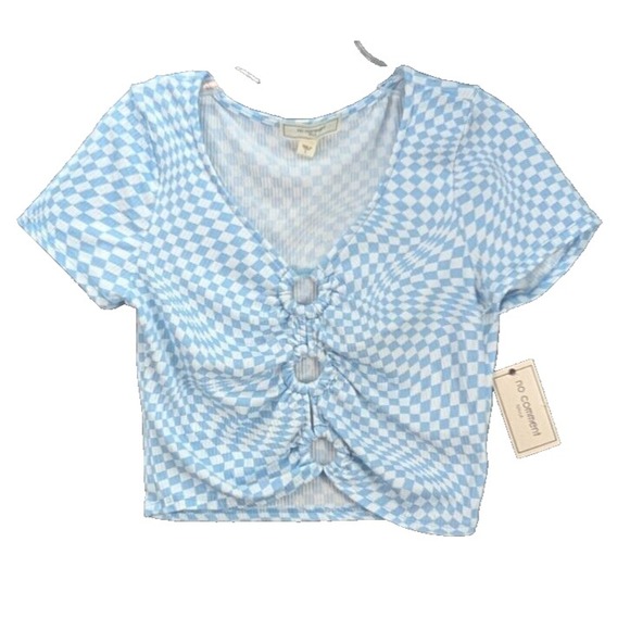 No Comment NY-LA Blue Crop Top Key Hole Ring Gingham Print Stretch Women's L NWT - Picture 1 of 9